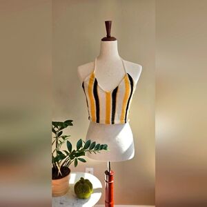 Zara Mustard, Black, & White Striped Halter Crop Top (Size M)